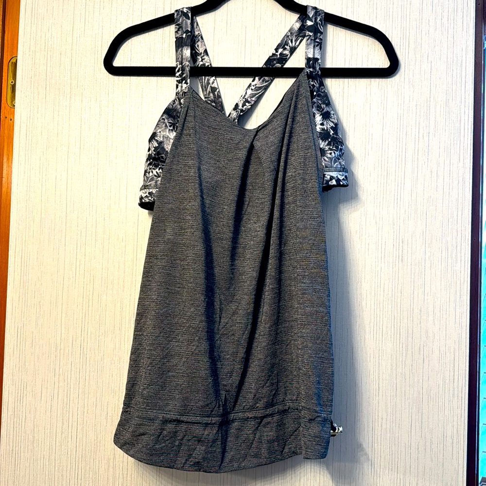 Lululemon black and silver with flower built in sports bra size 8